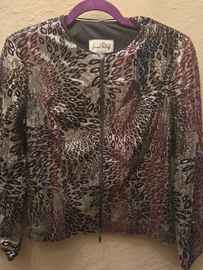 Joseph Ribkoff Sequin Jacket Top Black Gold Party Zip Up